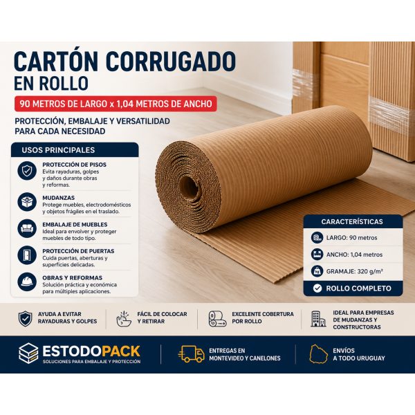 Cartón corrugado en rollo para embalaje y protección de pisos