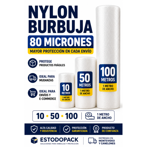 Nylon Burbuja 10 Metros para Embalaje Nylon burbuja de 80 micrones para embalaje y protección de productos frágiles. Ideal para mudanzas, envíos, e-commerce y almacenamiento. Características del Nylon Burbuja 10 Metros • Largo: 10 metros. • Ancho: 1 metro. • Espesor: 80 micrones. • Color: Transparente. • Presentación: Rollo completo. Beneficios • Excelente absorción de impactos. • Mayor resistencia gracias a su espesor de 80 micrones. • Fácil de cortar y manipular. • Ideal para pequeñas mudanzas y envíos. • Protege productos frágiles contra golpes y rayaduras.