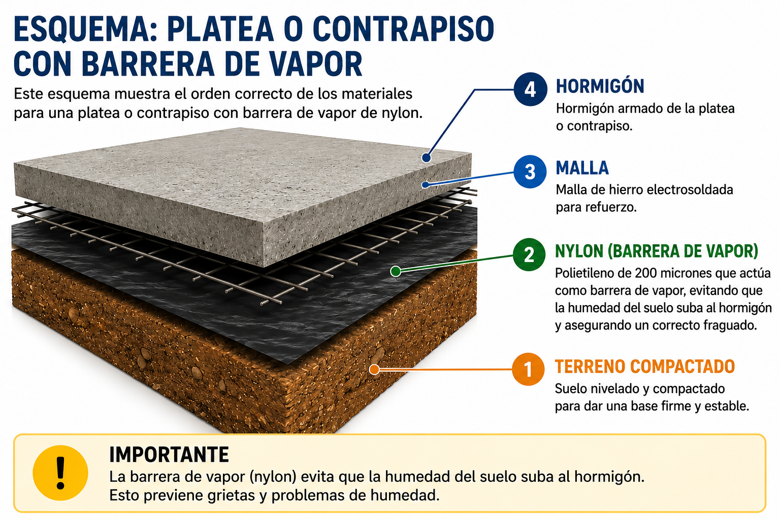 Esquema de una platea con barrera de vapor de nylon de 200 micrones, malla electrosoldada y hormigón sobre terreno compactado.